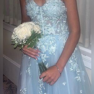 blue strapless prom dress